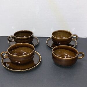 7 Piece Russel Wright Steubenville Modern Black Chutney - 4 Cups + 3 Saucers EUC